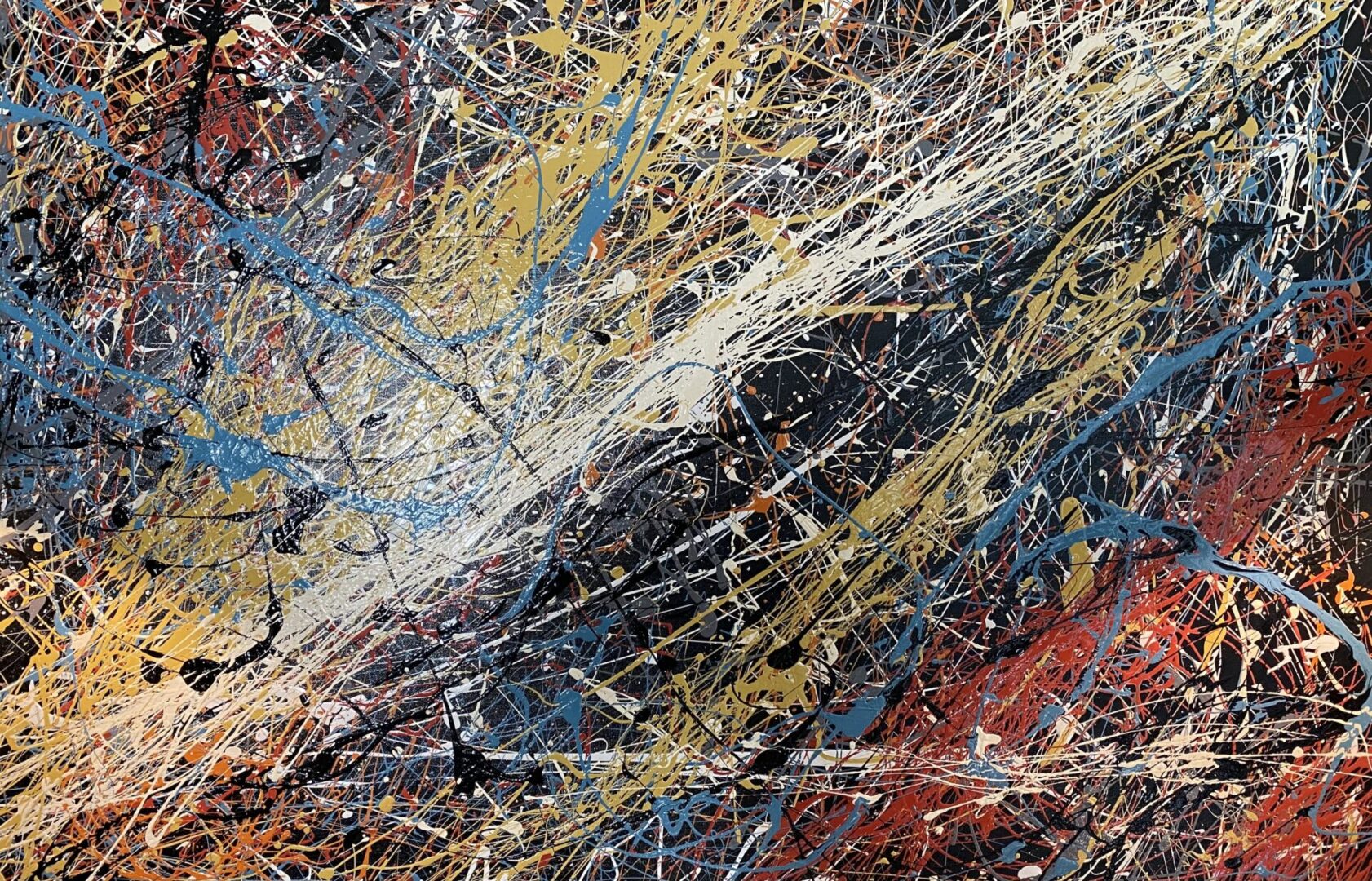 Abstract expressionist painting with dynamic splatters and drips in various colors.