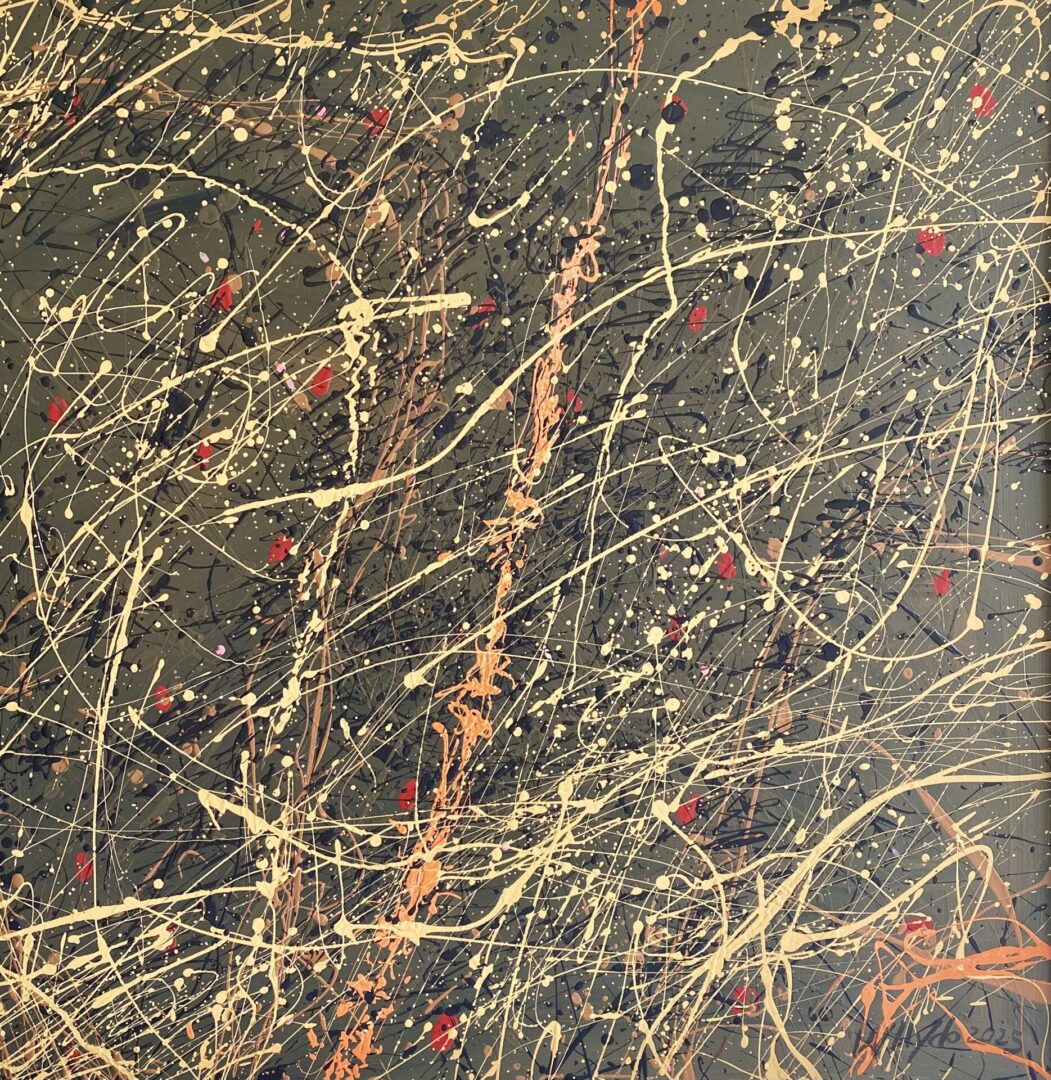 Abstract painting with dynamic splatters and drips in earthy tones.