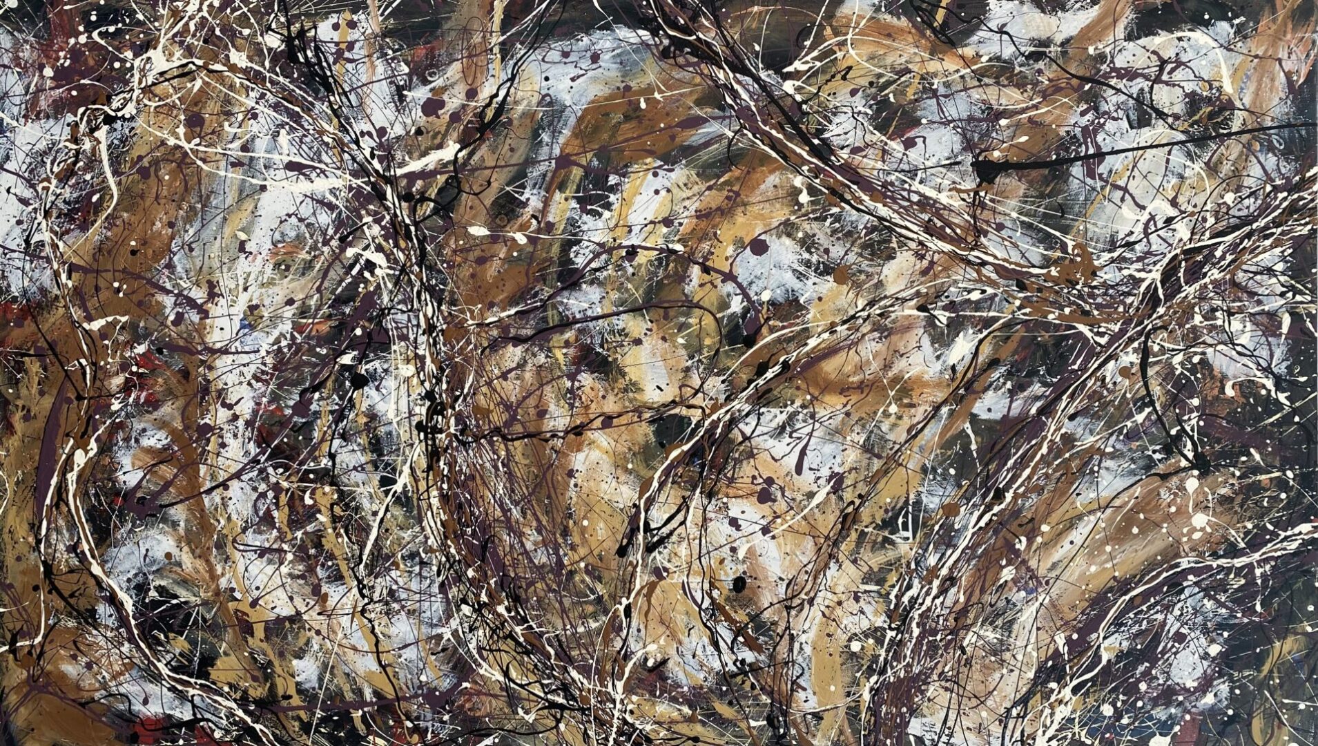 Abstract expressionist painting with dynamic splatters and earthy tones.
