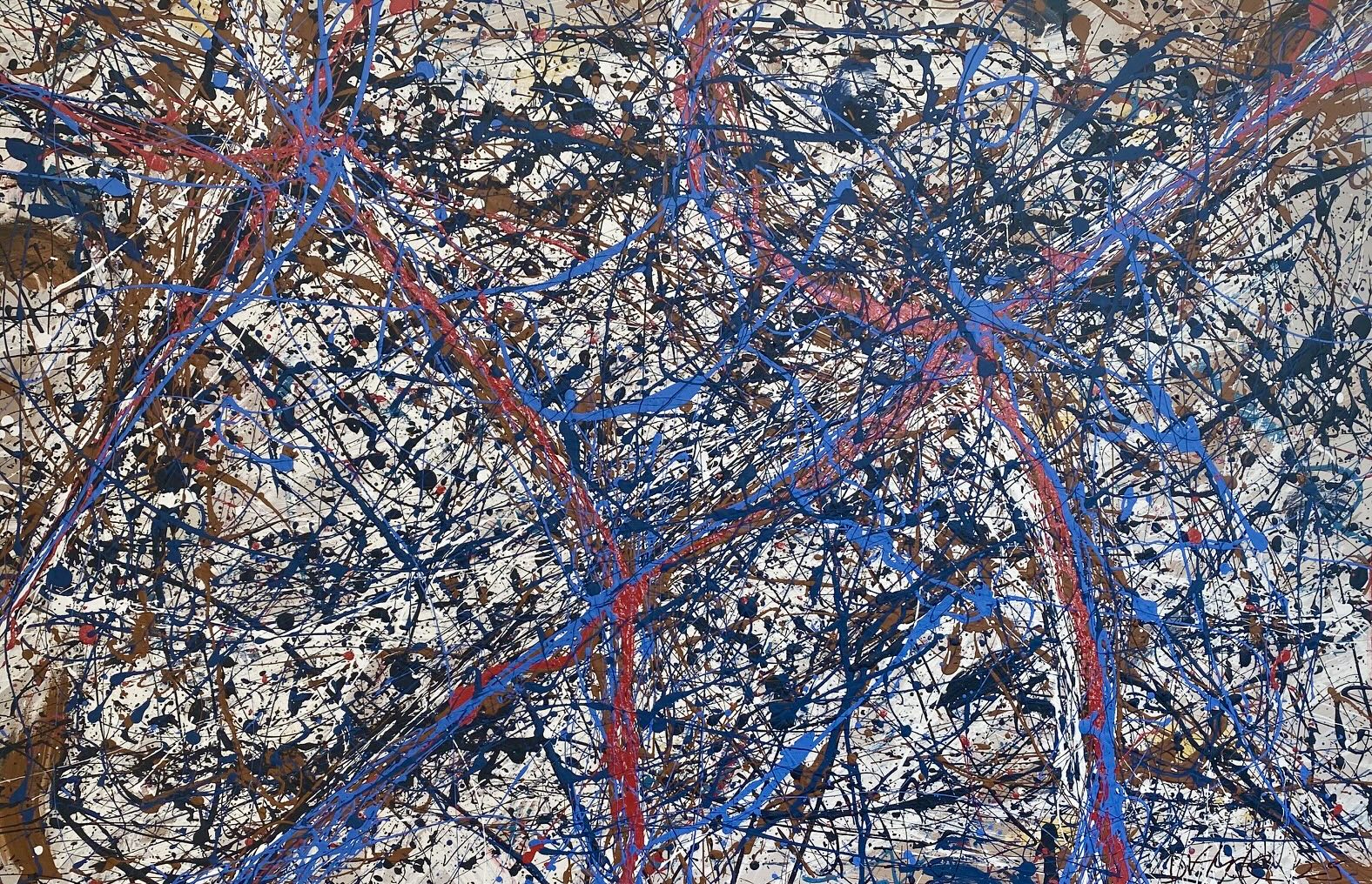 Abstract expressionist painting with dynamic splatters of blue, red, and black.