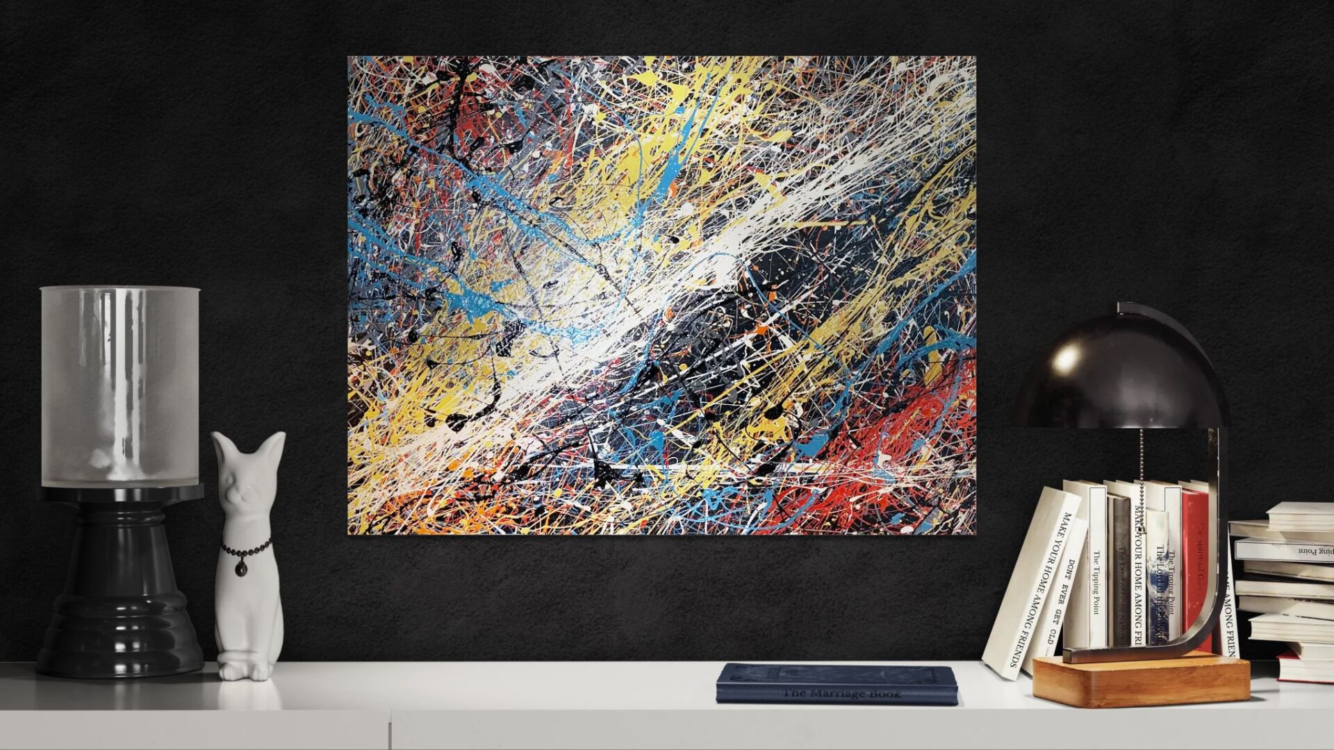 Abstract painting with vibrant splashes and streaks of color on a dark background.