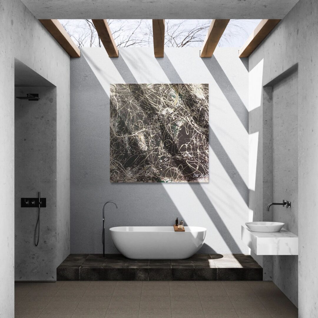 Modern bathroom with freestanding tub and skylight shadows.