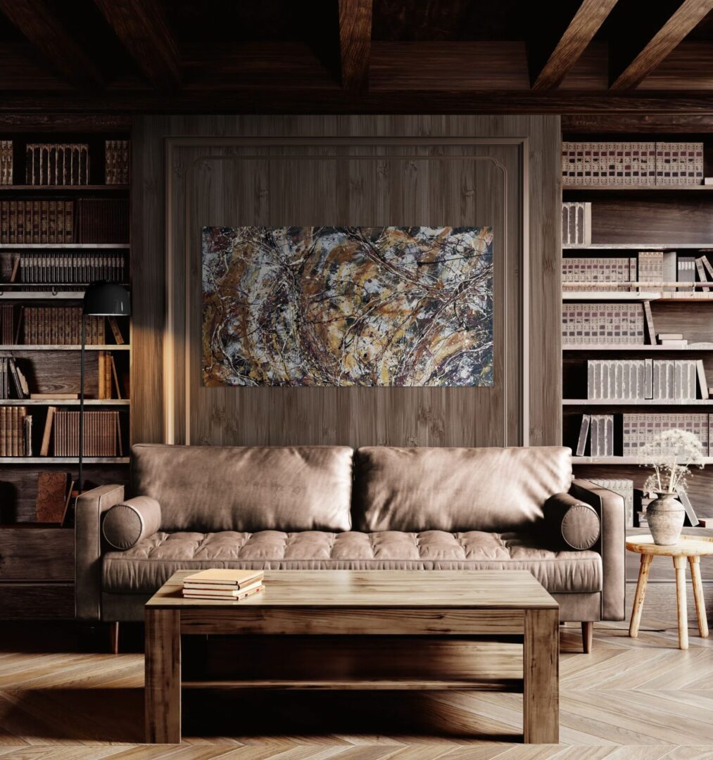 Cozy living room with a beige sofa and wooden bookshelves.
