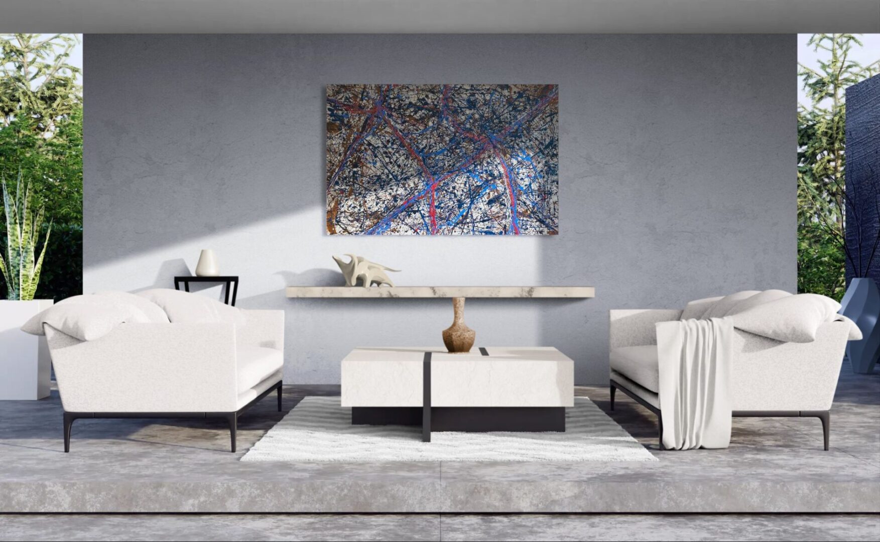 Modern living room with abstract art and minimalist furniture.