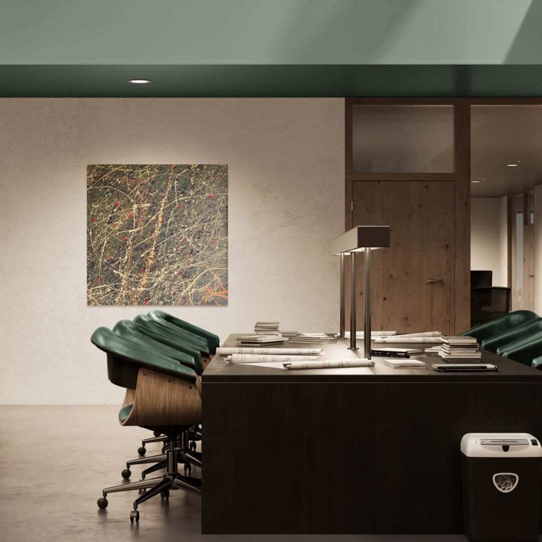 Modern office with wooden desk, green chairs, and a wall map.
