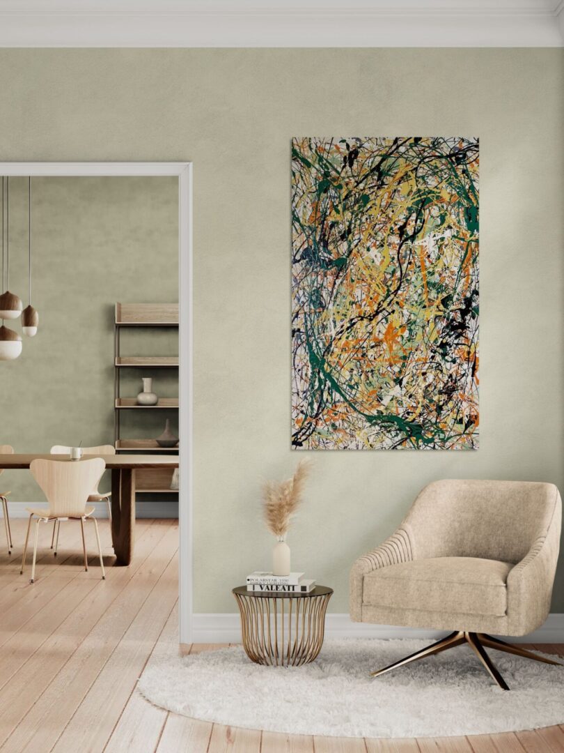 Modern living room with abstract wall art and cozy seating.