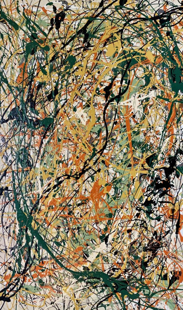 Abstract painting with chaotic splashes of green, black, orange, and white.