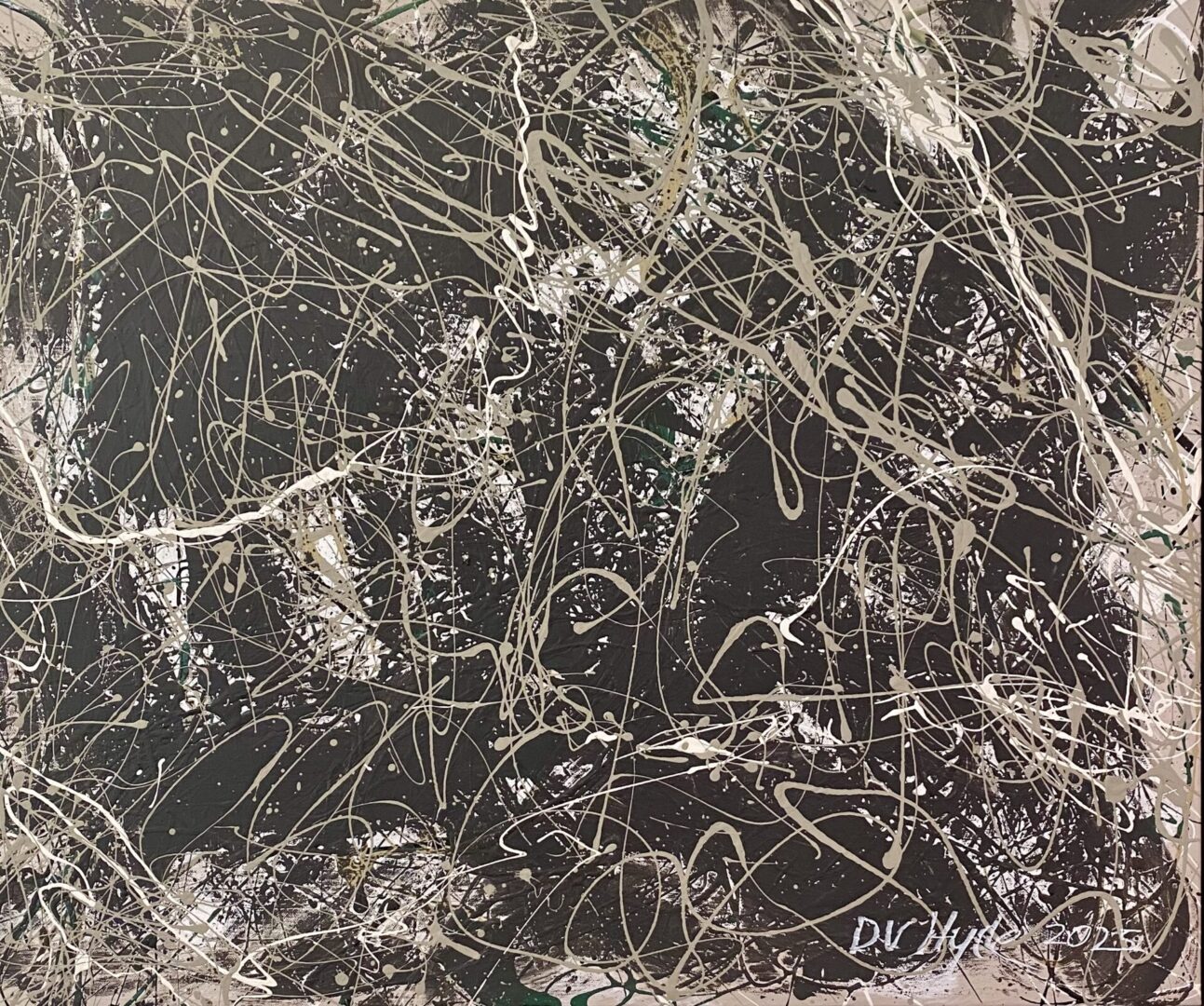 Abstract black and white artwork with intricate lines and shapes.