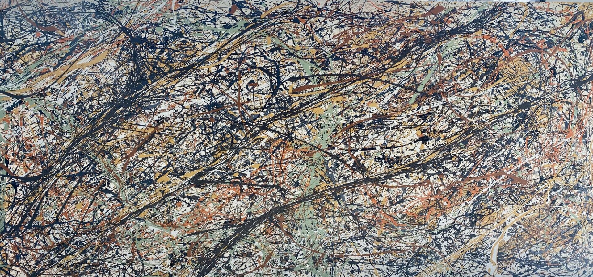 Abstract painting with chaotic splatters and drips of paint.