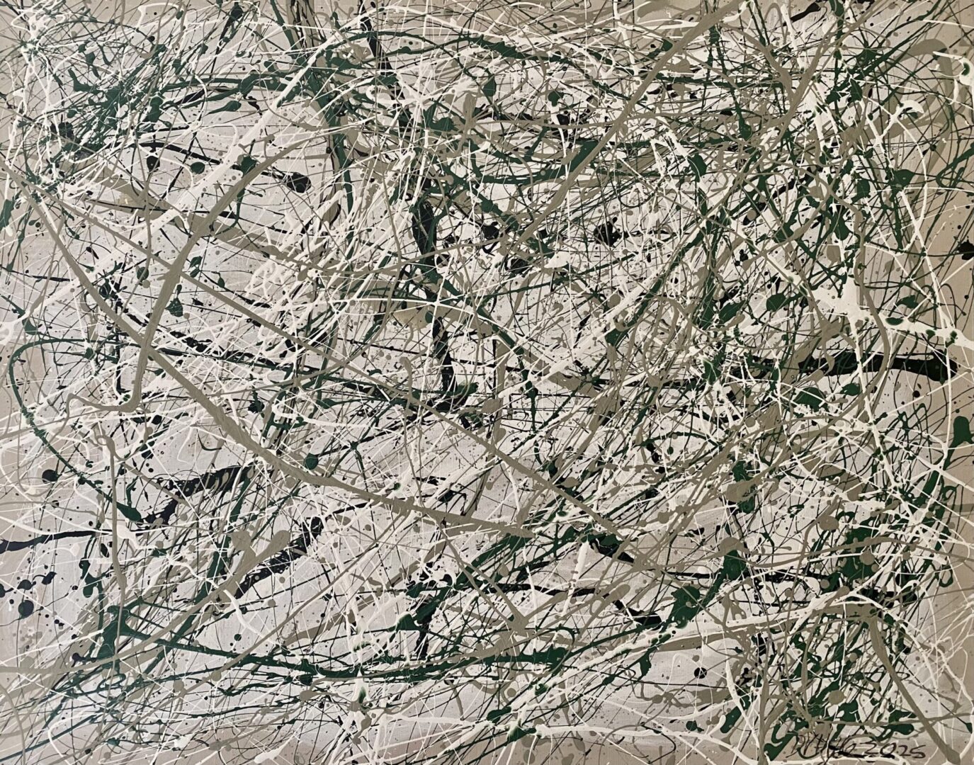 Abstract expressionist painting with dynamic splatters and drips in green and black.