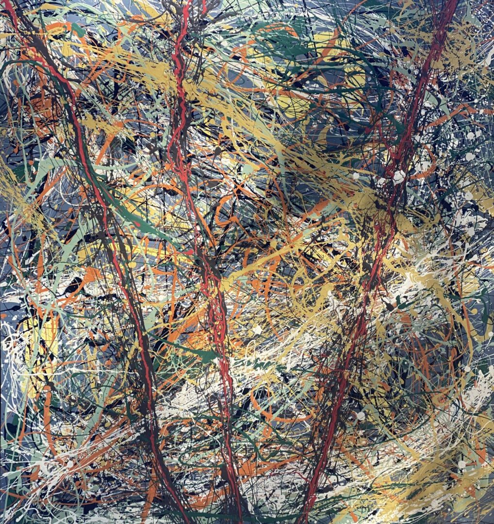 Abstract painting with chaotic lines and muted colors.