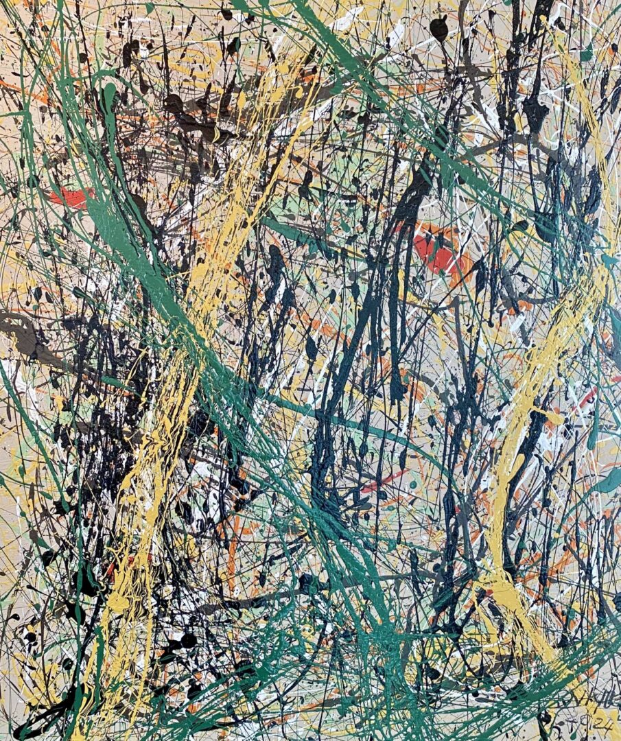 Abstract painting with splattered lines in green, yellow, black, and orange.