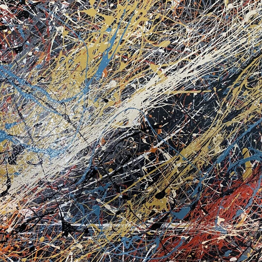 Abstract expressionist painting with dynamic splatters and drips in various colors.