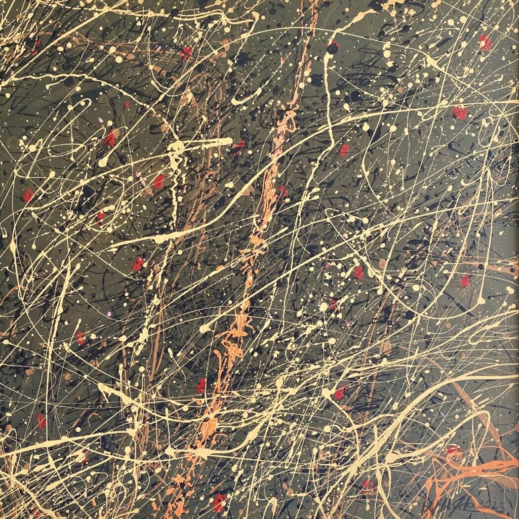 Abstract painting with dynamic splatters and drips in earthy tones.