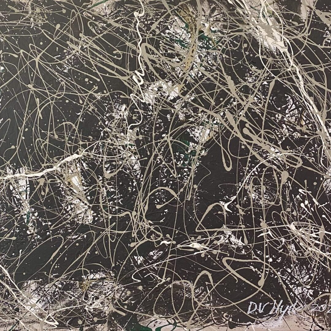 Abstract black and white artwork with intricate swirling patterns.