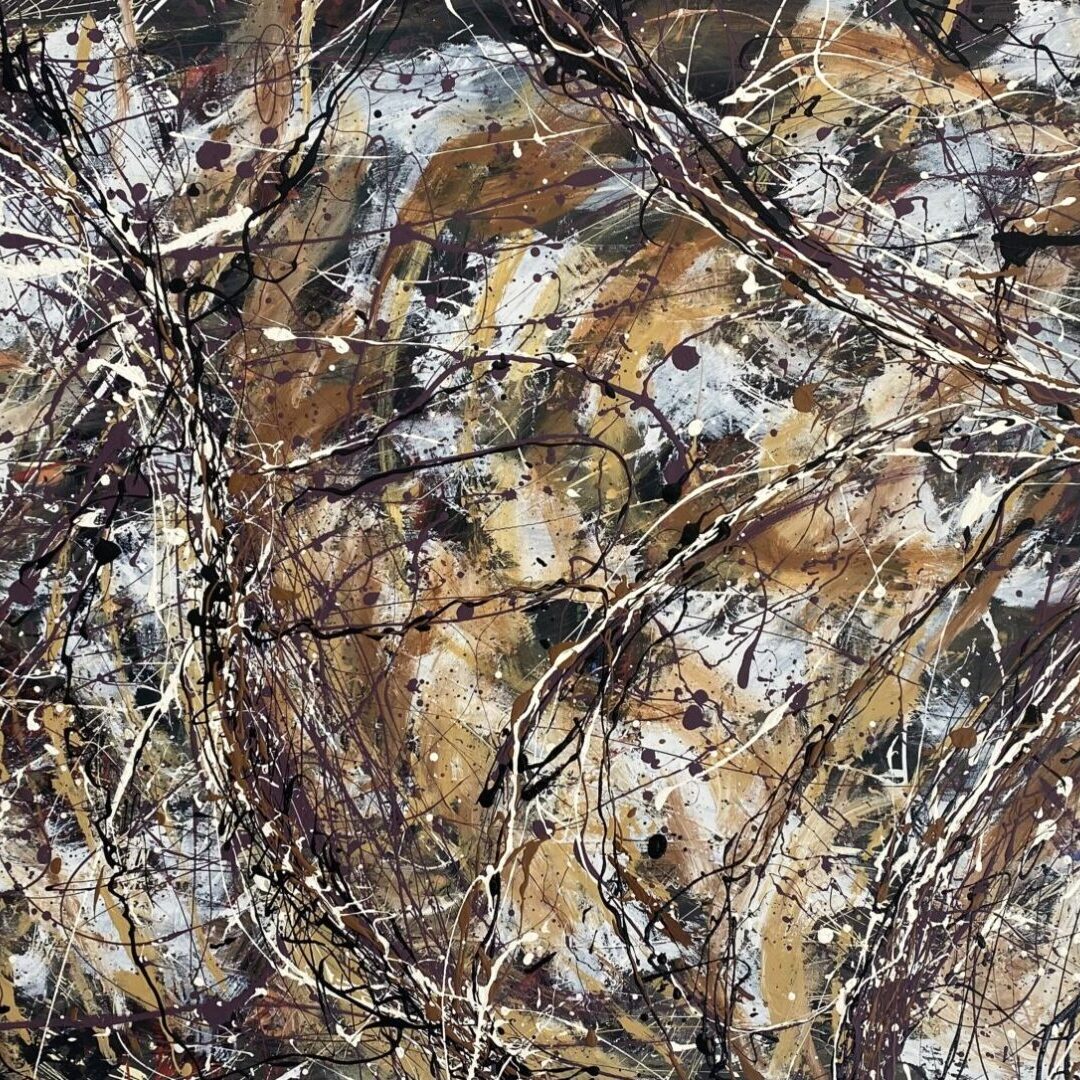 Abstract expressionist painting with dynamic splatters and earthy tones.