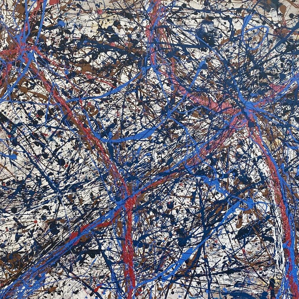 Abstract expressionist painting with dynamic splatters of blue, red, and black.